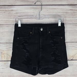 AE American Eagle Distressed High Rise Black Denim Jean Mom Shorts Size 2